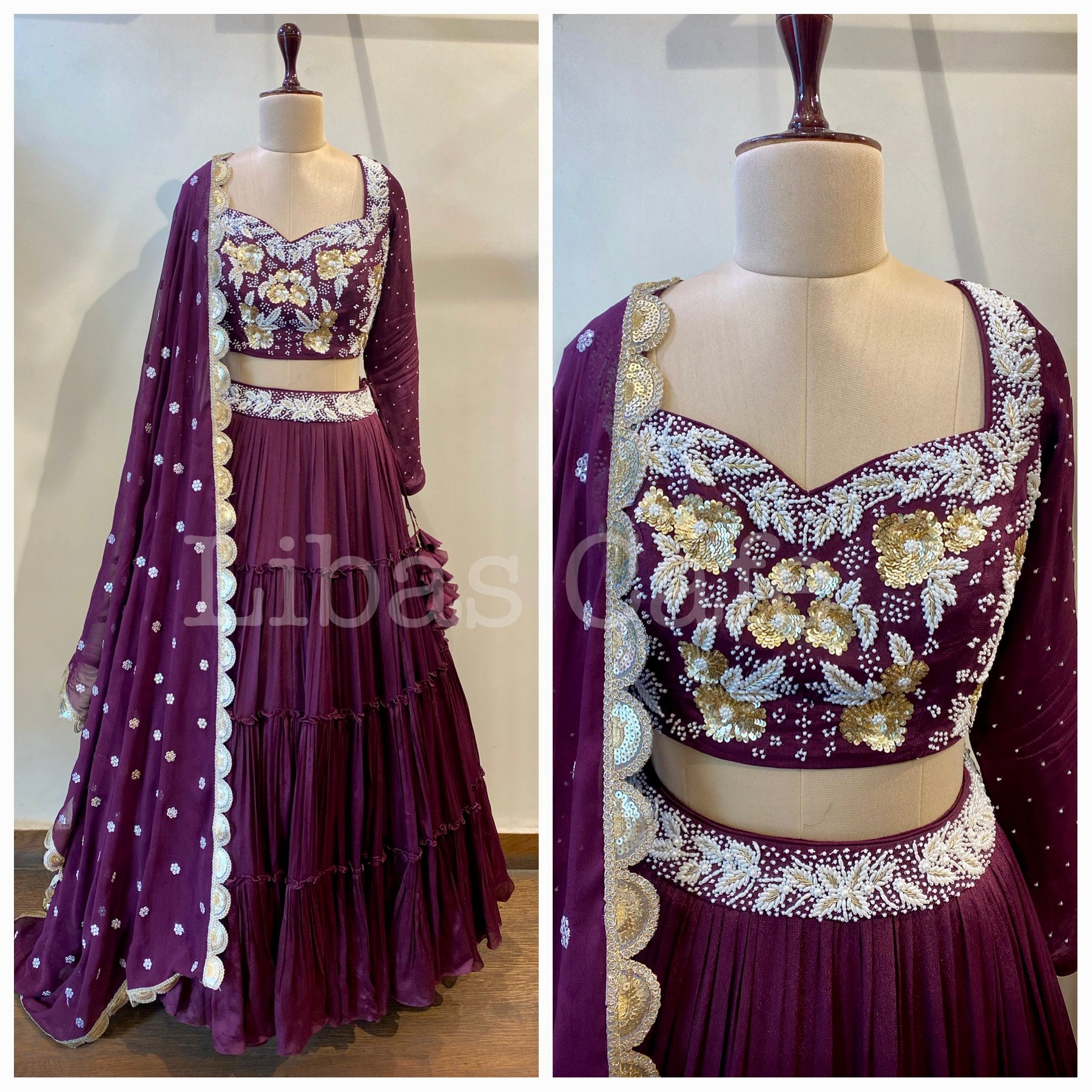 Dark Wine Pearl Embroidered Layered Lehenga